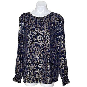 MICHAEL Michael Kors Chain Pattern Blouse, Navy Gold Slit Sleeves Women's Size L